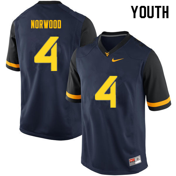 NCAA Youth Josh Norwood West Virginia Mountaineers Navy #4 Nike Stitched Football College Authentic Jersey VT23S75DM